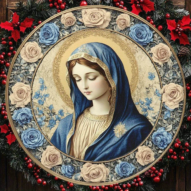 Catholic Decoration Our Lady with Blue and Gold Roses