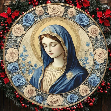 Catholic Decoration Our Lady with Blue and Gold Roses