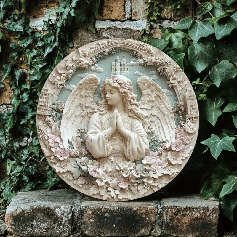 Catholic Decoration Relief Angel with Flowers and Cathedral