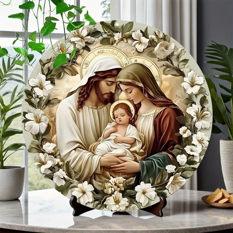 Catholic Decoration Sacred Family with White Flower Frame