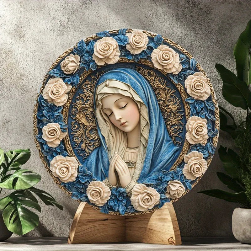Catholic Decoration Our Lady with Blue and Golden Roses